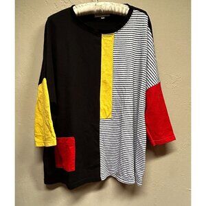 Christopher Calvin Colorblock 3/4 Dolman Sleeve Top Large Black Relaxed Boho